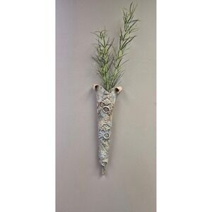 Handmade Studio Pottery Wall Pocket Vase 15" Rustic Blue Floral Hanging Decor